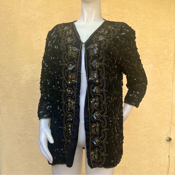 Vintage 1970s Sequined Silk-lined Blazer in Black/Gold Size XL